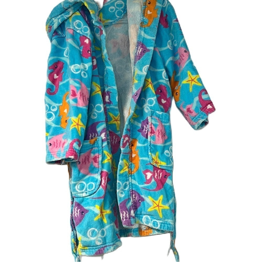 Girls blue Multicolor under the sea Open Front Belted Hooded Swim Bathrobe Sz 5